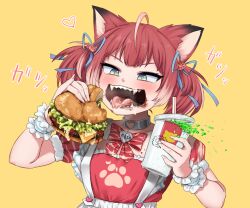 Rule 34 | 4shi, ahoge, akami karubi, animal ears, apron, blue eyes, blue ribbon, blush, burger, cat ears, cat girl, collar, collarbone, commission, cup, disposable cup, drinking straw, eating, fangs, food, frilled apron, frills, hair ribbon, highres, holding, holding cup, holding food, indie virtual youtuber, medium hair, messy, metal collar, open mouth, paw print, pinky out, pixiv commission, red hair, red ribbon, ribbon, sharp teeth, sidelocks, simple background, soda, teeth, tongue, tongue out, twintails, upper body, virtual youtuber, yellow background
