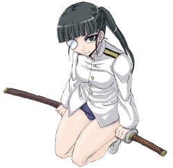 Rule 34 | 00s, 1girl, blunt bangs, eyepatch, green hair, jaggy lines, katana, legs, minarai, one-piece swimsuit, sakamoto mio, school swimsuit, sitting, solo, strike witches, swimsuit, swimsuit under clothes, sword, weapon, world witches series