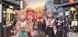 Rule 34 | 6+girls, absurdres, ahoge, animal ears, architecture, autumn leaves, bag, beret, blonde hair, blue hair, blunt bangs, blush stickers, brown hair, carrying, cellphone, commentary request, cup, dango, day, disposable cup, drinking straw, east asian architecture, eating, food, fox ears, glasses, grey hair, handbag, hat, highres, hololive, hoshimachi suisei, hoshimachi suisei (streetwear), ice cream cone, kaigaraori, kyoto, long hair, matcha (food), multiple girls, official alternate costume, omaru polka, omaru polka (street casual), outdoors, partial commentary, phone, pink hair, pointing, pointy ears, sakura miko, sakura miko (casual), sanshoku dango, shiranui flare, shiranui flare (street), shiranui kensetsu, shirogane noel, shirogane noel (casual), shoulder carry, smartphone, star (symbol), star in eye, sunset, symbol in eye, tile roof, virtual youtuber, wagashi