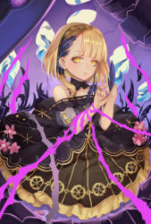 Rule 34 | 1girl, blunt bangs, braid, briar rose (sinoalice), choker, dress, feather hair ornament, feathers, flower, hair ornament, highres, holding, holding feather, looking at viewer, nomi (kurocxx110), open mouth, petals, pink flower, plant, signature, sinoalice, solo, teeth, thorns, vines, yellow eyes