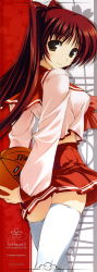 Rule 34 | 00s, 1girl, absurdres, amazuyu tatsuki, ball, basketball, basketball (object), breasts, brown eyes, character name, copyright name, copyright notice, dated, highres, kousaka tamaki, long hair, long image, red hair, school uniform, serafuku, skirt, solo, stick poster, tall image, thighhighs, to heart (series), to heart 2, to heart 2 xrated, zettai ryouiki