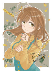 Rule 34 | 1girl, artist name, artist request, blush, breasts, brown eyes, brown hair, buttons, closed mouth, female focus, floating hair, grey background, hair between eyes, highres, kunikida hanamaru, light brown hair, long hair, long sleeves, looking at viewer, love live!, love live! sunshine!!, medium breasts, orange sweater, parted lips, smile, solo, suspenders, sweater, turtleneck, turtleneck sweater, upper body, wavy hair, white background, yellow eyes