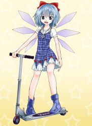 Rule 34 | 1girl, adapted costume, boots, circled 9, cirno, dress, fang, female focus, full body, gradient background, kabaji, kick scooter, plaid, solo, touhou, vehicle