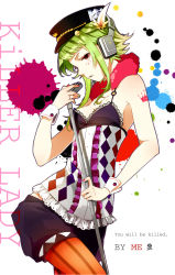 Rule 34 | 1girl, brown eyes, flat cap, frills, green hair, gumi, hat, headphones, jewelry, killer lady (vocaloid), looking at viewer, microphone, microphone stand, multicolored nails, nail polish, paint splatter, pantyhose, ring, short hair with long locks, shorts, solo, song name, striped clothes, striped pantyhose, tattoo, tsukomo, vertical-striped clothes, vertical-striped pantyhose, vocaloid, wrist cuffs