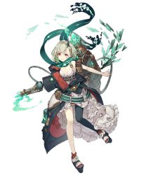 Rule 34 | 1girl, backpack, bag, breasts, flamethrower, frills, full body, green hair, horns, jacket, ji no, little match girl (sinoalice), looking at viewer, off shoulder, official art, platform footwear, red eyes, scarf, short hair, single horn, single leg pantyhose, sinoalice, small breasts, smile, solo, transparent background, weapon