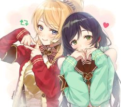 Rule 34 | 2girls, ayase eli, bad id, bad twitter id, black hair, blue eyes, commentary request, green eyes, green scrunchie, green sleeves, grin, hair ornament, hair scrunchie, heart, highres, idol, long hair, looking at viewer, love live!, love live! school idol festival, love live! school idol project, low twintails, microphone, multiple girls, ponytail, red sweater, ribbon, scrunchie, smile, striped ribbon, suspenders, sweater, swept bangs, tojo nozomi, twintails, zawawa (satoukibi1108)