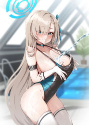Rule 34 | 1girl, asuna (blue archive), black one-piece swimsuit, blue archive, blue eyes, blue one-piece swimsuit, blush, breasts, competition swimsuit, covered navel, gloves, hair over one eye, halo, highleg, highleg swimsuit, hiraga daidai, large breasts, light brown hair, long hair, mole, mole on breast, multicolored clothes, multicolored swimsuit, one-piece swimsuit, pool, pool ladder, poolside, rei no pool, solo, standing, swept bangs, swimsuit, thighhighs, very long hair, white gloves, white one-piece swimsuit, white thighhighs