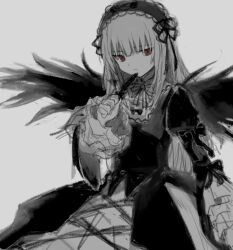 Rule 34 | 1girl, :|, closed mouth, denri, dress, feathered wings, feathers, gothic lolita, hand up, highres, holding, holding feather, juliet sleeves, lolita fashion, long hair, long sleeves, neck ribbon, puffy sleeves, red eyes, ribbon, rozen maiden, sleeve bow, solo, suigintou, wings