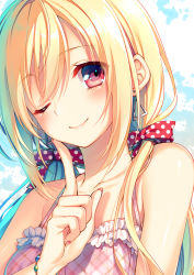 Rule 34 | 1girl, ;), blonde hair, blush, bow, bracelet, camisole, closed mouth, collarbone, earrings, fingernails, frilled shirt, frills, hair bow, head tilt, highres, index finger raised, jewelry, long fingernails, looking at viewer, low twintails, one eye closed, original, polka dot, polka dot bow, red bow, shirt, sleeveless, sleeveless shirt, smile, solo, swept bangs, toosaka asagi, twintails, upper body