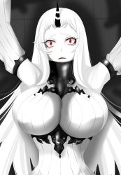 Rule 34 | 10s, 1girl, :o, abyssal ship, arms up, bodysuit, breasts, close-up, colored skin, detached sleeves, dress, highres, horns, imminent rape, juno (nicoseiga), kantai collection, large breasts, long hair, pale skin, parted lips, red eyes, ribbed dress, seaport princess, single horn, skin tight, solo, tears, very long hair, white hair, white skin