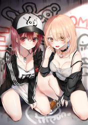Rule 34 | 2girls, :d, arm under breasts, baseball cap, black choker, black footwear, black headwear, black jacket, blush, breast hold, breasts, brown eyes, camisole, choker, cleavage, closed mouth, commentary request, dog tags, earrings, fang, fingernails, glowing, graffiti, grey camisole, hair between eyes, hat, highres, hood, hood down, hooded jacket, jacket, jewelry, kneeling, large breasts, light brown hair, long sleeves, medium breasts, multiple girls, on one knee, open clothes, open jacket, open mouth, original, piripun, red eyes, red hair, shirt, shoes, sleeves past wrists, smile, sneakers, strap slip, sweat, white shirt