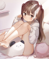 Rule 34 | 1girl, absurdres, bare legs, barefoot, bed sheet, blush, brown eyes, brown hair, clock, commentary request, hair between eyes, hair intakes, hands up, highres, hood, hood down, hoodie, indoors, long hair, long sleeves, looking at viewer, naked hoodie, original, parted lips, paw pose, pillow, puffy long sleeves, puffy sleeves, shin no tenpii, sitting, sleeves past wrists, solo, stuffed animal, stuffed cat, stuffed toy, two side up, very long hair, wall clock, white hoodie