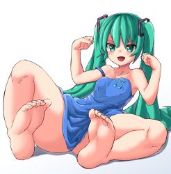 Rule 34 | &gt;:d, 1girl, :d, akai ikuto, apron, barefoot, blue dress, bow, breasts, clenched hand, dress, feet, female focus, full body, green eyes, green hair, hair between eyes, hair bow, hatsune miku, highres, long hair, looking at viewer, lying, no panties, on back, open mouth, perspective, small breasts, smile, soles, solo, strap slip, thighs, toes, v-shaped eyebrows, very long hair, vocaloid