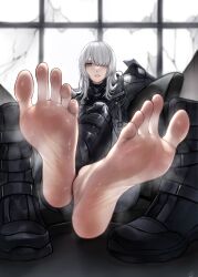 Rule 34 | 1girl, absurdres, ak-15 (girls&#039; frontline), barefoot, boots, unworn boots, commission, crossed ankles, crossed legs, feet, foot focus, girls&#039; frontline, grey eyes, grey hair, hair over one eye, highres, long hair, long toes, looking at viewer, nikishiko, parted lips, pixiv commission, shoes, unworn shoes, sitting, soles, spread toes, steam, toes, white hair