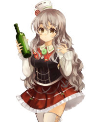 Rule 34 | 10s, 1girl, :&lt;, absurdres, alcohol, bad id, bad pixiv id, bottle, breasts, brown eyes, grey hair, hat, highres, kantai collection, large breasts, long hair, miniskirt, onigiri (233), pola (kancolle), simple background, skirt, solo, wavy hair, wine