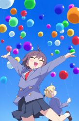 Rule 34 | arms up, balloon, black ribbon, blonde hair, blue sky, blush, brown hair, closed eyes, closed mouth, collared shirt, day, grey jacket, hair ribbon, highres, holding, holding balloon, jacket, kill me baby, long sleeves, multiple girls, necktie, open mouth, oribe yasuna, outdoors, pleated skirt, red necktie, ribbon, school uniform, shirt, shoes, short hair, skirt, sky, socks, sonya (kill me baby), teeth, upper teeth only, white shirt, white socks, yachima tana