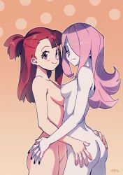 Rule 34 | 2girls, ass, breasts, brown hair, hands on another&#039;s hips, highres, kagari atsuko, light smile, little witch academia, looking at viewer, multiple girls, nipples, optionaltypo, pale skin, purple hair, red eyes, simple background, sucy manbavaran, witch, yuri