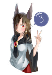 Rule 34 | 1girl, animal ears, bad id, bad pixiv id, blush, brooch, brown hair, dress, fingernails, hair over one eye, imaizumi kagerou, jewelry, long hair, long sleeves, looking at viewer, red eyes, simple background, smile, solo, tosuta, touhou, white background, wolf ears