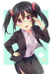 Rule 34 | 10s, 1girl, adjusting eyewear, bespectacled, black hair, center frills, dress shirt, formal, frills, glasses, hand on own hip, highres, jacket, love live!, love live! school idol project, open clothes, open jacket, pencil skirt, pero (pixiv15896580), red eyes, shirt, side slit, skirt, skirt suit, solo, suit, teacher, twintails, yazawa nico