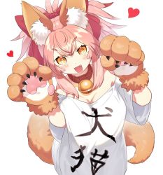 Rule 34 | 1girl, animal ear fluff, animal ears, animal hands, bell, breasts, cat paws, cleavage, fang, fate (series), fox ears, fox girl, fox tail, gloves, hair ribbon, heart, highres, jingle bell, large breasts, long hair, looking at viewer, neck bell, open mouth, paw gloves, paw pose, pink hair, ponytail, red ribbon, ribbon, shirt, simple background, solo, tail, tamamo (fate), tamamo cat (fate), translation request, tsukimi okayu, white background, white shirt, yellow eyes