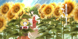 Rule 34 | 2girls, arkatopia, ascot, blonde hair, blue eyes, blue sky, blurry, bow, day, depth of field, field, flower, flower field, green hair, hair ribbon, juliet sleeves, kazami yuuka, long sleeves, looking at viewer, medicine melancholy, multiple girls, open clothes, open mouth, open vest, puffy sleeves, red eyes, ribbon, shirt, skirt, skirt set, sky, smile, sunflower, sunflower field, touhou, vest