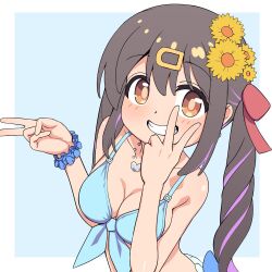 Rule 34 | 1girl, bare arms, bare shoulders, bikini, black hair, blue bikini, blue scrunchie, breasts, brown eyes, cleavage, commentary, double v, flower, front-tie bikini top, front-tie top, godyuurei, grin, hair flower, hair ornament, hair ribbon, hairclip, highres, jewelry, long hair, looking at viewer, medium breasts, multicolored hair, necklace, onii-chan wa oshimai!, oyama mihari, purple hair, red ribbon, ribbon, scrunchie, simple background, smile, solo, swimsuit, twintails, two-tone hair, upper body, v, wrist scrunchie