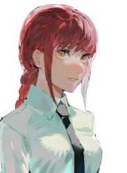 Rule 34 | 1girl, aisutabetao, black necktie, blue shirt, braid, breasts, brown eyes, chainsaw man, closed mouth, collared shirt, commentary request, highres, long hair, long sleeves, looking at viewer, makima (chainsaw man), medium breasts, necktie, red hair, ringed eyes, shirt, sidelocks, simple background, solo, teeth, upper body, white background, wing collar