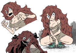 Rule 34 | 1girl, absurdres, big hair, breasts, brown hair, cleavage, closed mouth, crazy, crazy eyes, dirty, female focus, hair between eyes, head tilt, highres, long hair, looking at viewer, messy hair, nemu r14, open mouth, original, sharp teeth, shoes, simple background, solo, squatting, teeth, white background, wide-eyed