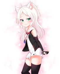 Rule 34 | 1girl, absurdres, animal ear fluff, animal ears, arms behind back, azur lane, bare shoulders, black gloves, black thighhighs, black vest, blush, breasts, cat ears, closed mouth, commentary request, dress, elbow gloves, fingerless gloves, gloves, green eyes, heart, highres, kirisame mia, long hair, looking at viewer, parted bangs, sailor collar, sims (azur lane), sleeveless, sleeveless dress, small breasts, smile, smug, solo, thighhighs, two side up, vest, white dress, white hair, white sailor collar