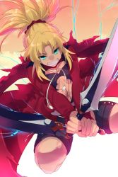 Rule 34 | 1girl, blonde hair, breasts, chloe von einzbern, chloe von einzbern (cosplay), cosplay, dual wielding, echo (circa), fang, fate/grand order, fate (series), green eyes, grin, holding, jumping, kanshou &amp; bakuya (fate), long coat, midriff, mordred (fate), mordred (fate/apocrypha), navel, ponytail, small breasts, smile, solo