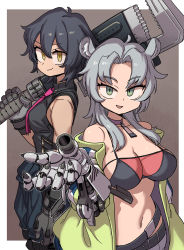 Rule 34 | 2girls, animal ear fluff, bikini, bikini top only, black hair, black shirt, breasts, chinchilla ears, chinchilla girl, choker, cleavage, commission, gloves, green eyes, grey gloves, grey hair, hair between eyes, highres, holding, holding weapon, jacket, large breasts, looking at viewer, medium breasts, mizuno (okn66), multiple girls, necktie, original, over shoulder, parted lips, pink necktie, prosthesis, prosthetic arm, shirt, short hair, shorts, simple background, skeb commission, sleeveless, sleeveless shirt, smile, swimsuit, weapon, weapon over shoulder, yellow eyes