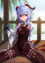 Rule 34 | 1girl, ahoge, bare shoulders, bell, black gloves, black leotard, blue hair, blurry, blurry background, breasts, brown pantyhose, cameltoe, cleft of venus, closed mouth, covered erect nipples, covered navel, cowbell, day, depth of field, detached sleeves, expressionless, ganyu (genshin impact), genshin impact, gloves, highleg, highleg leotard, highres, holding, horns, leotard, long hair, long sleeves, looking at viewer, medium breasts, on floor, outdoors, pantyhose, pjman, purple eyes, railing, sitting, solo, sunlight, tassel, thighs, wariza, wooden floor