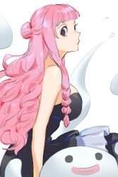 Rule 34 | 1girl, black dress, blunt bangs, braid, breasts, cleavage, closed mouth, devil fruit, dress, drill hair, frilled dress, frills, ghost, hair bun, half updo, horo horo no mi, large breasts, long hair, looking at viewer, one piece, perona, pink hair, profile, raine (acke2445), sidelocks, simple background, solo, upper body, very long hair, white background