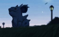 Rule 34 | blurry, closed mouth, commentary request, creatures (company), crescent moon, fang, fang out, from below, game freak, gen 1 pokemon, highres, lamppost, looking up, moon, nidorina, nintendo, no humans, one-hour drawing challenge, outdoors, pokemon, pokemon (creature), rend, solo, twilight