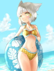 Rule 34 | 1girl, absurdres, alternate costume, animal ears, bad id, bad pixiv id, bikini, blunt bangs, breasts, cat ears, chest jewel, highres, nia (xenoblade), ocean, shiroxai, short hair, silver hair, small breasts, solo, spoilers, swimsuit, xenoblade chronicles (series), xenoblade chronicles 2, yellow bikini, yellow eyes