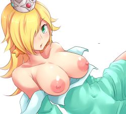 Rule 34 | 1girl, bar censor, bare shoulders, blonde hair, breasts, breasts out, censored, clothes pull, covered navel, crown, dress, dress pull, earrings, gem, green dress, green eyes, hair over one eye, jewelry, large breasts, long hair, looking at viewer, mario (series), mini crown, namikawa shelter, nintendo, nipples, no bra, open mouth, rosalina, simple background, solo, star (symbol), star earrings, super mario bros. 1, super mario galaxy, third-party edit, white background