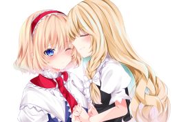 Rule 34 | 2girls, alice margatroid, bad id, bad pixiv id, black dress, blonde hair, blue dress, blue eyes, blush, bow, braid, capelet, closed eyes, closed mouth, dress, hair between eyes, hair bow, hairband, holding hands, interlocked fingers, kirisame marisa, long hair, multiple girls, nanase nao, one eye closed, puffy short sleeves, puffy sleeves, red hairband, short hair, short sleeves, simple background, smile, touhou, upper body, very long hair, white background, white bow, white capelet
