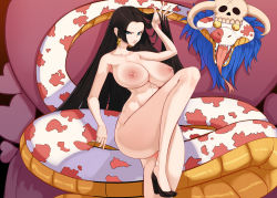 Rule 34 | 1boy, 1girl, 47 hard, black hair, blue eyes, blush, boa hancock, breasts, cape, cleavage, convenient leg, cowboy shot, curvy, earrings, epaulettes, facing viewer, forked tongue, heart, high heels, highres, huge breasts, jewelry, large breasts, long hair, looking at viewer, midriff, navel, nude, off shoulder, one piece, parted bangs, pumps, salome (one piece), sanding, skull, smile, snake, snake earrings, solo, standing, standing on one leg, tagme, thick thighs, thighs, tongue, very long hair, wide hips