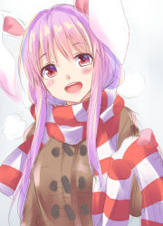 Rule 34 | 1girl, animal ears, bad id, bad pixiv id, blush, breasts, breath, brown jacket, commentary, enpera, gloves, gradient background, grey background, hair between eyes, hand up, head tilt, hisae (hisae collect), holding, holding clothes, holding scarf, jacket, large breasts, long hair, long sleeves, looking at viewer, open mouth, pink gloves, purple hair, rabbit ears, red eyes, red scarf, reisen udongein inaba, scarf, sidelocks, sketch, smile, solo, striped clothes, striped scarf, touhou, unfinished, upper body, white scarf