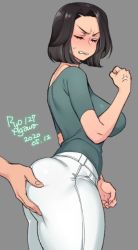 Rule 34 | 1girl, 2020, agawa ryou, angry, artist name, ass, ass grab, black hair, blush, breasts, clenched hand, commentary, dated, disembodied hand, grey background, huge ass, large breasts, original, short hair, signature, simple background, solo focus, sweatdrop, thick thighs, thighs