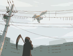 Rule 34 | &gt; &lt;, absurdres, angel, angel wings, avogado6, building, cable, cellphone, cloak, cloud, death (entity), entangled, halo, highres, hood, original, outdoors, phone, pole, power lines, robe, scythe, short hair, smartphone, tangle, transformer, utility pole, weapon, wings