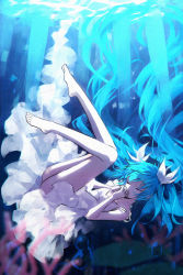 Rule 34 | 1girl, air bubble, aqua hair, bare legs, bow, bubble, closed eyes, closed mouth, coral, dress, full body, hair bow, hakusai (tiahszld), hatsune miku, interlocked fingers, knees together feet apart, legs, long hair, no panties, own hands together, plantar flexion, shinkai shoujo (vocaloid), sidelocks, solo, sundress, twintails, underwater, very long hair, vocaloid, white bow, white dress