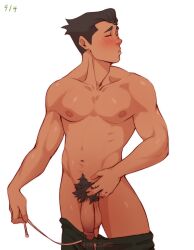 Rule 34 | 1boy, avatar legends, bara, black hair, blush, bolin, green eyes, highres, looking at viewer, male focus, manlyhand, meme, muscular, muscular male, navel, nipples, nude, pectorals, penis, short hair, solo, the legend of korra, thick eyebrows, twitter strip game (meme)
