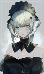 Rule 34 | 1girl, au ra, blue eyes, blunt bangs, bow, bowtie, breasts, cleavage, closed mouth, detached collar, detached sleeves, dragon girl, dragon horns, final fantasy, final fantasy xiv, frilled hairband, frills, grey background, hairband, highres, horns, looking at viewer, maho moco, medium breasts, medium hair, scales, simple background, sleeveless, solo, warrior of light (ff14), white hair, white horns, white scales