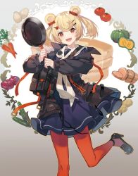 Rule 34 | 1girl, :d, animal ears, arknights, bear ears, black dress, black footwear, black jacket, blonde hair, candy hair ornament, carrot, dress, egg, eihi, feet out of frame, food, food-themed background, food-themed hair ornament, frying pan, gold trim, gradient background, gummy (arknights), hair ornament, hairclip, high heels, highres, holding, holding frying pan, jacket, leg up, long sleeves, looking at viewer, onion, open clothes, open jacket, open mouth, pancake, pantyhose, potato, pouch, pumpkin, red pantyhose, short hair, smile, solo, standing, standing on one leg, tomato, two side up, unzipped, zucchini (vegetable)