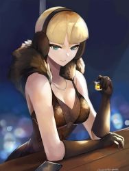 Rule 34 | 1girl, alcohol, black dress, blonde hair, blue eyes, breasts, cellphone, cleavage, commentary, creatures (company), cup, dress, drink, drinking glass, elesa (pokemon), english commentary, game freak, headphones, highres, holding, holding drink, light smile, looking at viewer, medium breasts, nintendo, phone, pokemon, pokemon bw, pov dating, shot glass, smartphone, solo, tommy (kingdukeee)