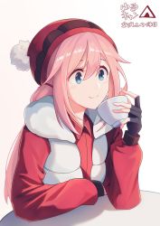Rule 34 | 1girl, absurdres, arm support, blue eyes, bowl, closed mouth, collared shirt, cup, drink, fingerless gloves, gloves, hair between eyes, hair tie, highres, holding, holding cup, jacket, kagamihara nadeshiko, leaning on table, light blush, logo, long hair, long sleeves, pink hair, pom pom (clothes), puffy long sleeves, puffy sleeves, red headwear, red shirt, shirt, simple background, sitting, smile, solo, sparkling eyes, table, tent, translation request, upper body, white background, white jacket, woollen cap, yurucamp, ziranyuan
