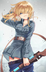 Rule 34 | 1girl, arm up, belt, blonde hair, blue eyes, blue pants, breast press, breasts, cleavage, clothes pull, collared jacket, denim, floating hair, gradient background, grey background, gun, gun sling, hair over eyes, hand in own hair, highres, holding, holding gun, holding weapon, jacket, jeans, long hair, long sleeves, medium breasts, military jacket, mizuiro raika, original, pants, pants pull, parted lips, pointy ears, solo, weapon, weapon request, wing collar