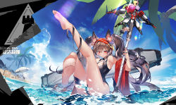 Rule 34 | 1girl, absurdres, angelina (arknights), animal ears, arknights, bare legs, barefoot, beach, black hair, black shorts, coat, earpiece, feet, fox ears, hairband, highres, holding, holding staff, jacket, long hair, ocean, red eyes, red hairband, shorts, staff, striped clothes, striped hairband, swimsuit, twintails, water, white coat, white jacket, yushe quetzalli