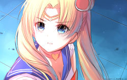 Rule 34 | 1girl, bishoujo senshi sailor moon, blonde hair, blue eyes, blue sailor collar, bow, bowtie, breasts, choker, circlet, cleavage, commentary, crescent, crescent earrings, derivative work, earrings, from side, hair ornament, hair over shoulder, heart, heart choker, jewelry, lawnielle, long hair, meme, parted bangs, parted lips, red choker, sailor collar, sailor moon, sailor moon redraw challenge (meme), school uniform, screenshot redraw, serafuku, solo, sweatdrop, tsukino usagi, twintails, upper body, watermark